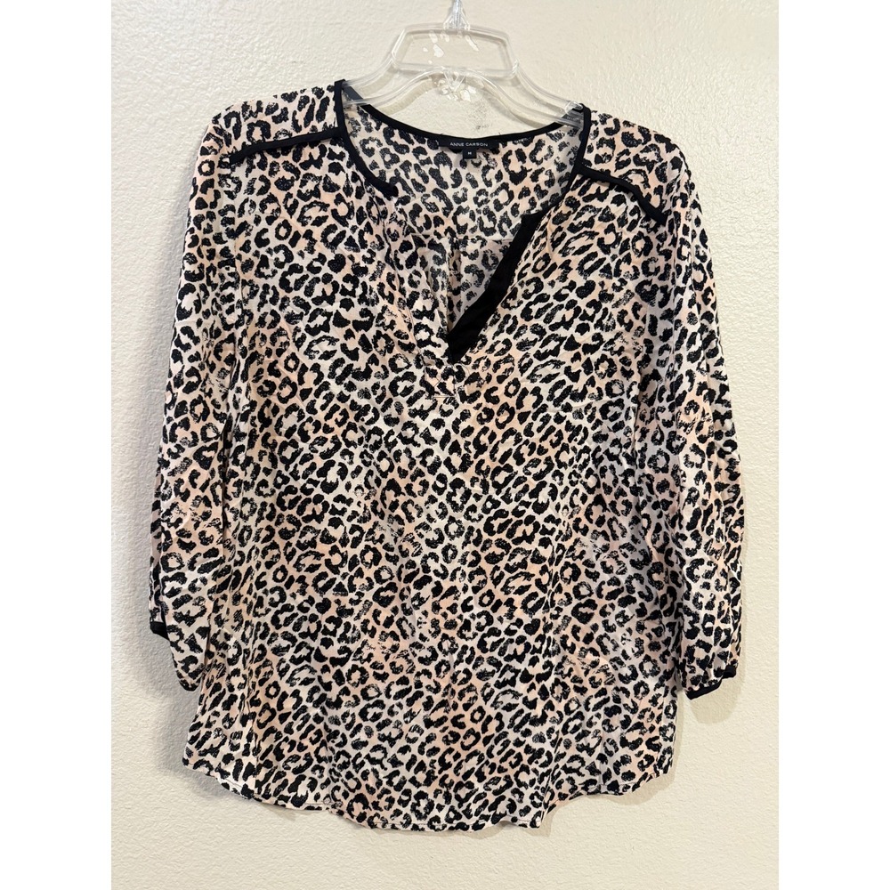 Anne Carson Womens Leopard Print 3/4 Sleeve V-Neck Rayon Blouse Tan Black Medium